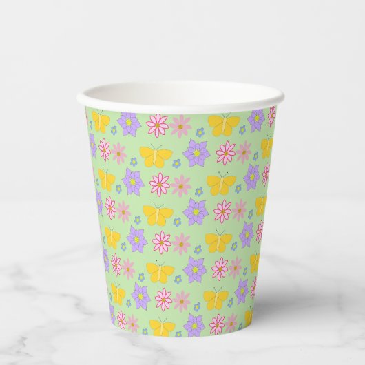 Blume und Schmetterlinge Gemustert Pappbecher (Vorderseite)