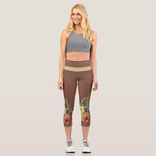 Blume und Schmetterlinge Hochgebranntes Riff Capri Leggings (Vorderseite)