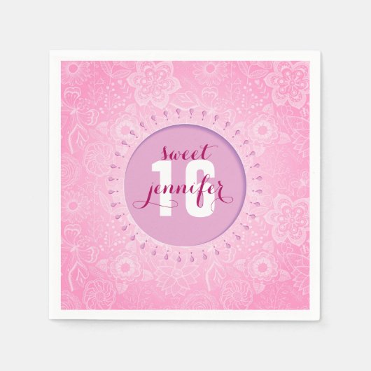 Blume und Schmetterlinge in Monogramm, rosa und we Serviette (Vorderseite)