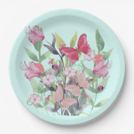 Blume und Schmetterlinge in Rosa und Rot Pappteller