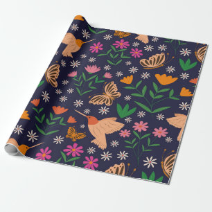 Blume und Schmetterlinge mit Vögeln Geschenkpapier