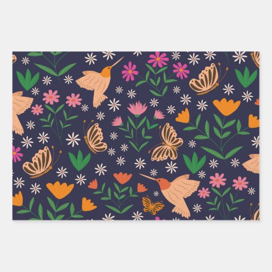 Blume und Schmetterlinge mit Vögeln Geschenkpapier Set (Vorderseite 3)