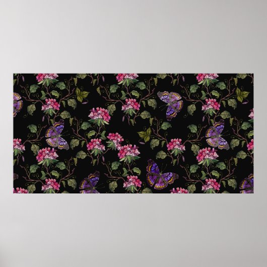 Blume und Schmetterlinge nahtlos Stickereien Poster (Vorne)