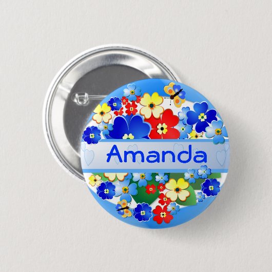 Blume und Schmetterlinge ~ Namen-Knopf Button (Vorne & Hinten)