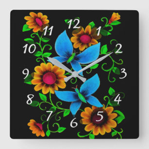 Blume und Schmetterlinge Quadratische Wanduhr