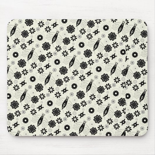 Blume und Schmetterlinge schwarz-weiß Mousepad (Vorne)