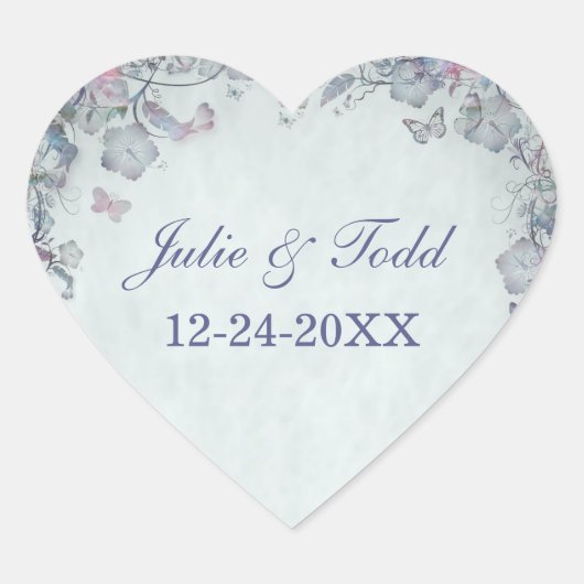 Blume und Schmetterlingshochzeit retten das Datum Herz-Aufkleber (Vorderseite)