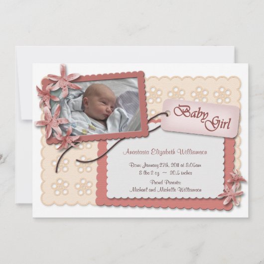 Blume und Spitzen-Rosa-Geburtshinweise Ankündigung (Vorderseite)