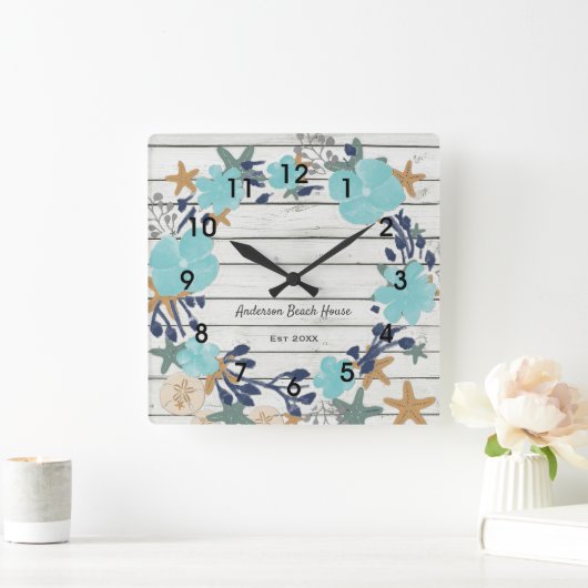 Blume und Starfish rustikal Quadratische Wanduhr (Zuhause)