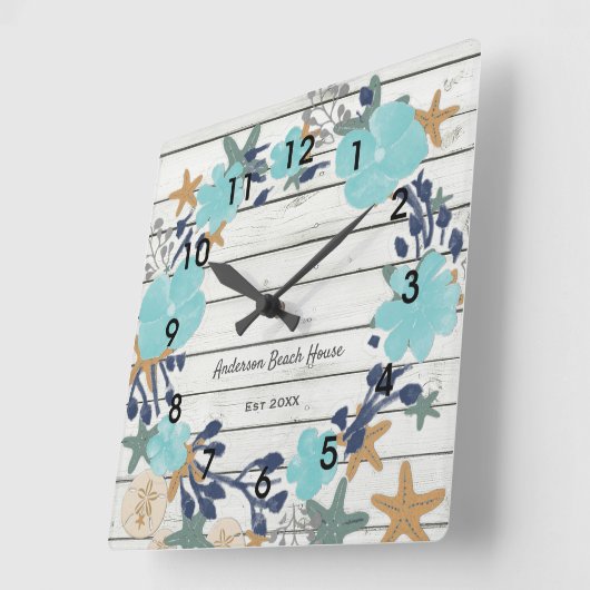 Blume und Starfish rustikal Quadratische Wanduhr (Winkel)