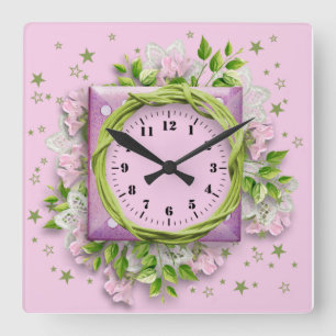 Blume und Sterne rosa Quadratische Wanduhr