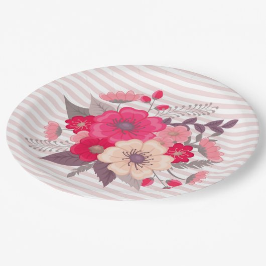 Blume und Streifen Pappteller (Schrägansicht)