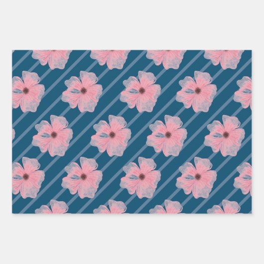 Blume und Streifen, rosa, umhüllende Papierblätter Geschenkpapier Set (Vorderseite)