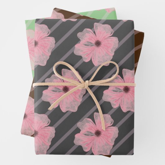 Blume und Streifen, rosa, umhüllende Papierblätter Geschenkpapier Set (Beispiel)