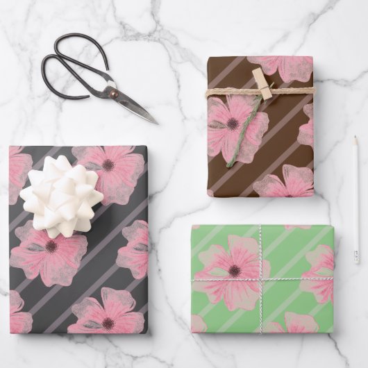 Blume und Streifen, rosa, umhüllende Papierblätter Geschenkpapier Set (Vorderseite)