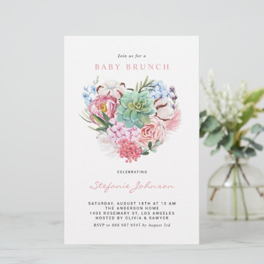 Blume und Succulent Heart Baby Brunch Einladung (Stehend Vorderseite)