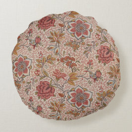 Blume und Vögel auf einem gepunkteten, floralen Mu Rundes Kissen