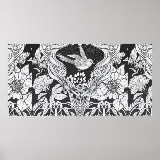 Blume und Vogel im Jugendstil nahtlos pflücken Poster