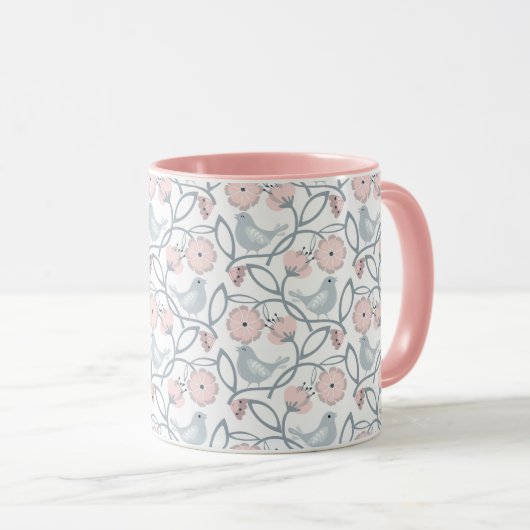 Blume und Vögel Nahtloses Muster Tasse (VorderseiteRechts)