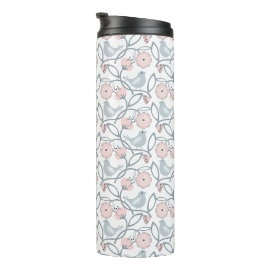 Blume und Vögel Nahtloses Muster Thermosbecher (Nach rechts gedreht)