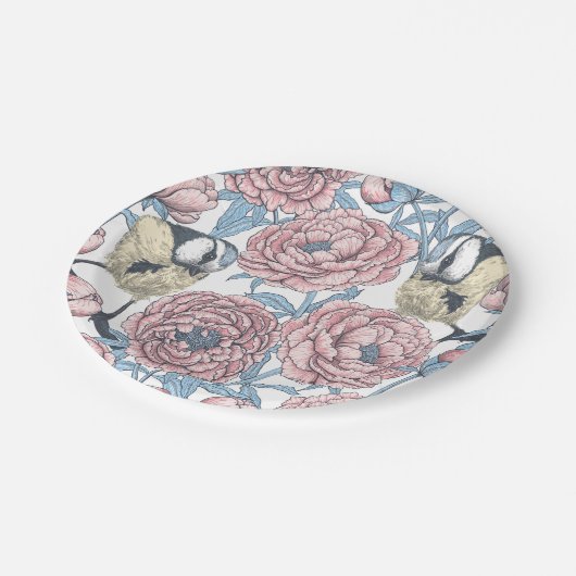 Blume und Vögel Pappteller (Schrägansicht)