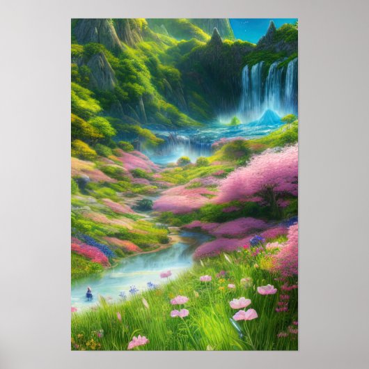 Blume und Wasserfall im Grünen Tal Poster (Vorne)