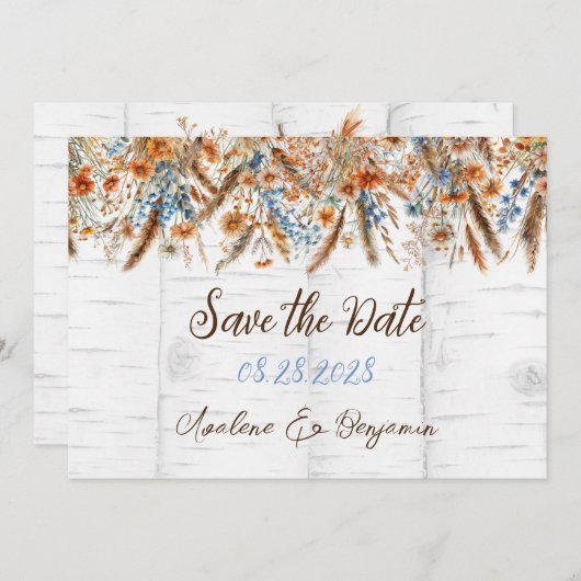 Blume und Weiße Birkenbaum speichern die Datumskar Einladung (Vorne/Hinten)