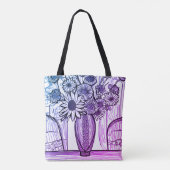 Blume Vase Line Zeichnend Lila blaue Blumenkunst Tasche (Rückseite)