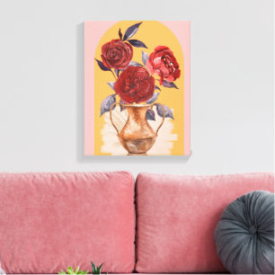 Blume Vase - Rote Rosen - überzogene Canvas Leinwanddruck