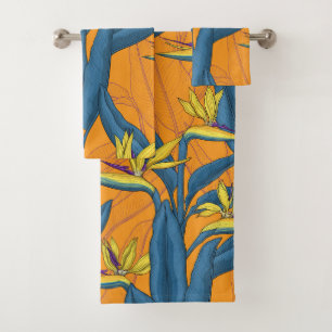 Blume-Vogel auf Orange Badhandtuch Set