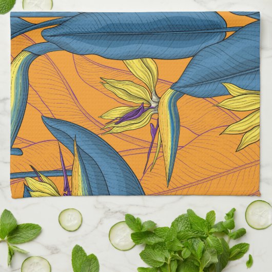 Blume-Vogel auf Orange Geschirrtuch (Gefaltet)