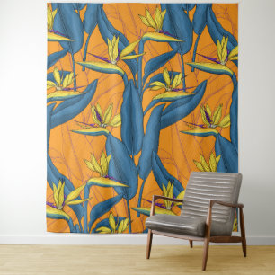 Blume-Vogel auf Orange Wandteppich