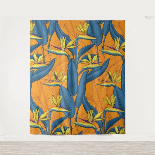 Blume-Vogel auf Orange Wandteppich (Vorderseite)