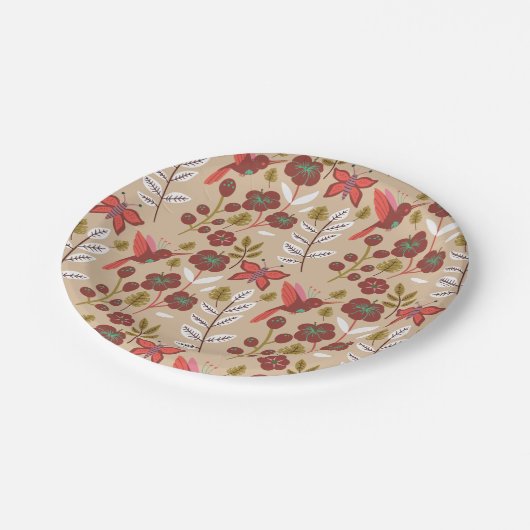 Blume, Vögel, Schmetterlinge, nahtlos Pappteller (Schrägansicht)