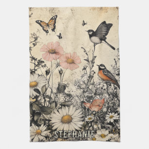 Blume, Vögel und Schmetterlinge auf Altpapier (1) Geschirrtuch