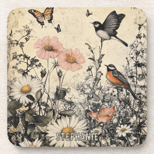 Blume, Vögel und Schmetterlinge auf Altpapier (1) Getränkeuntersetzer
