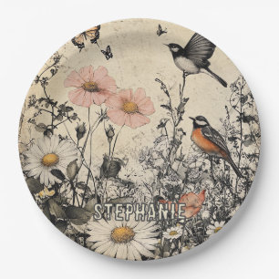 Blume, Vögel und Schmetterlinge auf Altpapier (1) Pappteller