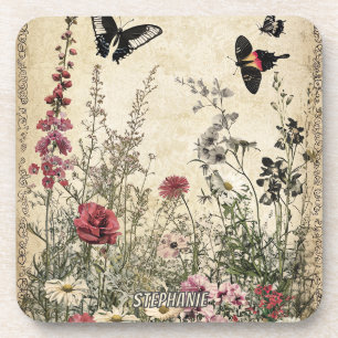 Blume, Vögel und Schmetterlinge auf Altpapier (2) Getränkeuntersetzer