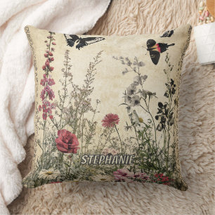 Blume, Vögel und Schmetterlinge auf Altpapier (2) Kissen