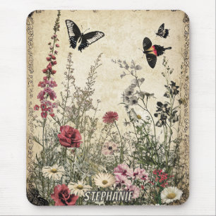 Blume, Vögel und Schmetterlinge auf Altpapier (2) Mousepad