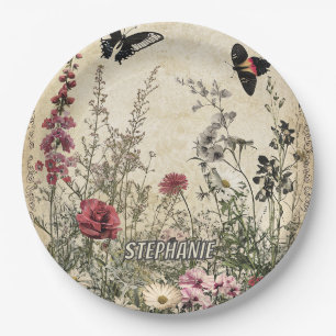 Blume, Vögel und Schmetterlinge auf Altpapier (2) Pappteller