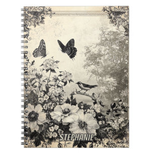 Blume, Vögel und Schmetterlinge auf Altpapier (3) Notizblock