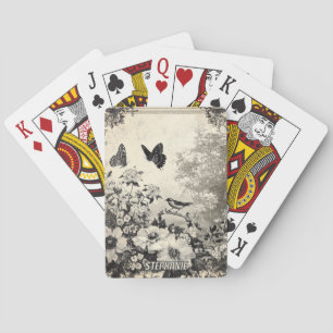 Blume, Vögel und Schmetterlinge auf Altpapier (3) Spielkarten