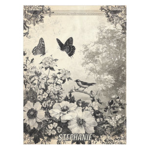 Blume, Vögel und Schmetterlinge auf Altpapier (3) Tischdecke