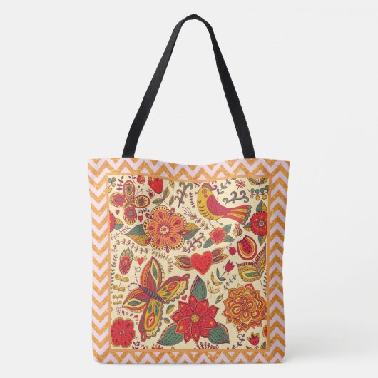 Blume Vögel und Schmetterlinge Boho Chic Tasche (Rückseite)