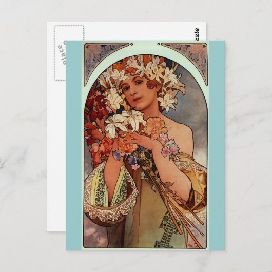 Blume von Alphonse Mucha Postkarte (Vorne/Hinten)