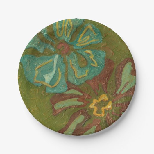Blume von Aqua und Burnt Orange im grünen Hintergr Pappteller (Vorderseite)