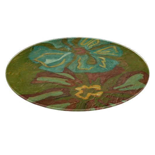 Blume von Aqua und Burnt Orange im grünen Hintergr Schneidebrett (Ecke)