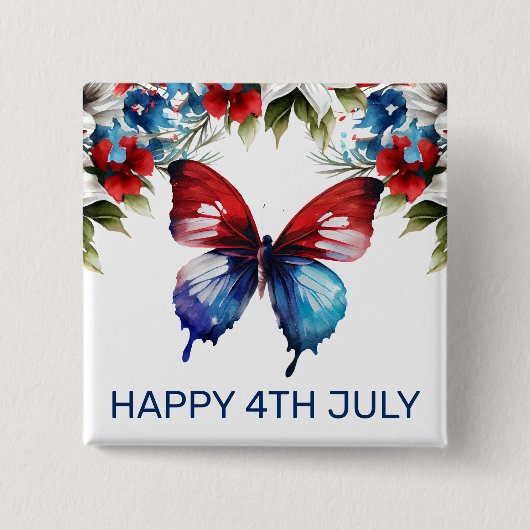 Blume von Aquarell Rot, Blau und Weiß 4. Juli Button (Vorderseite)