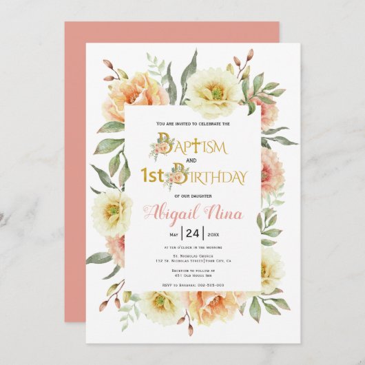 Blume von Aquarell Taufe und 1. Geburtstag Einladung (Vorne/Hinten)